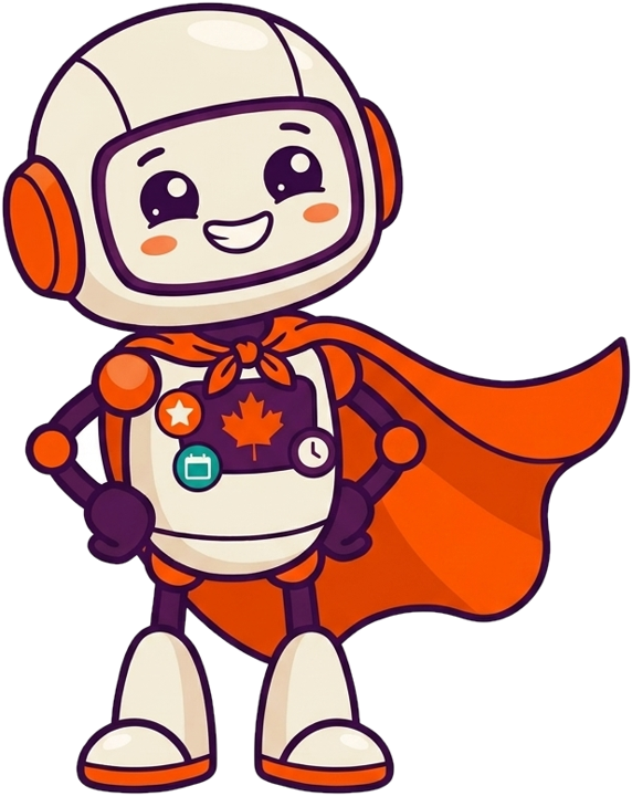 Chip, the SimpleUP robot, wearing a superhero cape